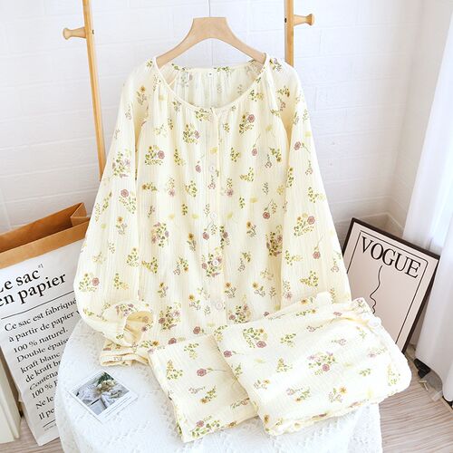 睡衣女春夏季纯棉双层纱布长袖月子服可爱卡通全棉薄款产后哺乳套