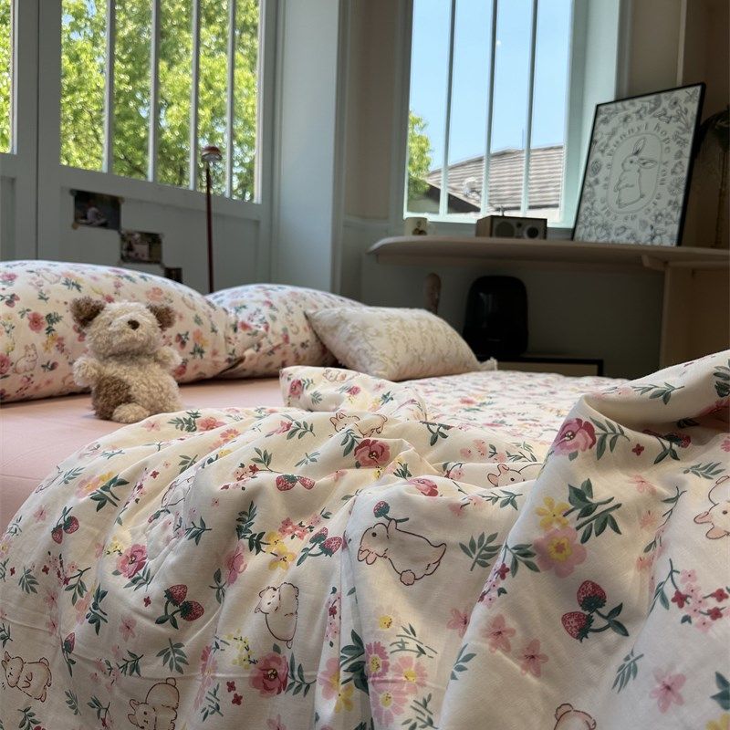 超柔软花间小兔全棉双层纱夏凉被四件套母婴级纯棉空调被子可机洗,床上用品,化纤被,淘宝优惠券,粉丝福利购,淘宝优惠卷