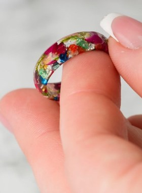 外贸炫彩树脂戒指 森系小清新手工海蓝色金箔色精滴胶戒指