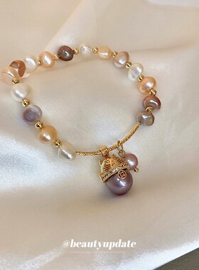 淡水珍珠锆石圆珠招财猫吊坠手链法式复古手环文艺气质设计感手饰