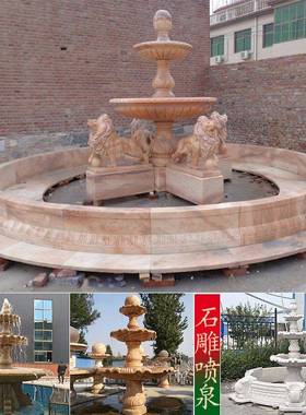 现货欧式大理石雕刻石狮子动物喷泉广场晚霞红石雕狮子大喷泉
