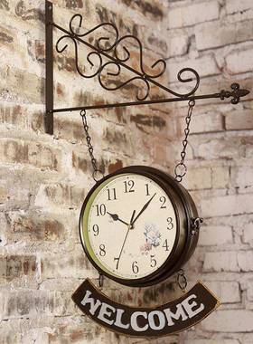 复古铁艺双面挂钟时尚创意书房卧室墙壁装饰品挂件家居用品