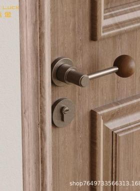 原木风卧室门锁家用木门胡桃木房门锁磁吸静音室内房间复古门把手