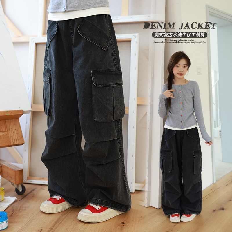 女童裤子春季工装风宽松复古裤子2025新款儿童翻盖口袋休闲裤百搭,童装/婴儿装/亲子装,裤子,淘宝优惠券,粉丝福利购,淘宝优惠卷