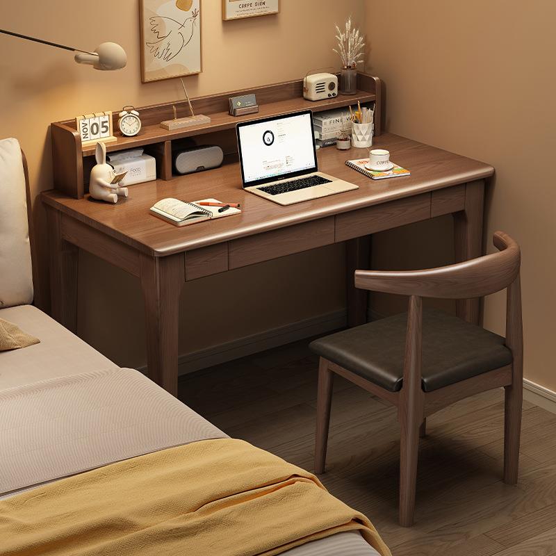 实木书桌学生家用带书架一体写字台书房简易电脑桌卧室床边学习桌