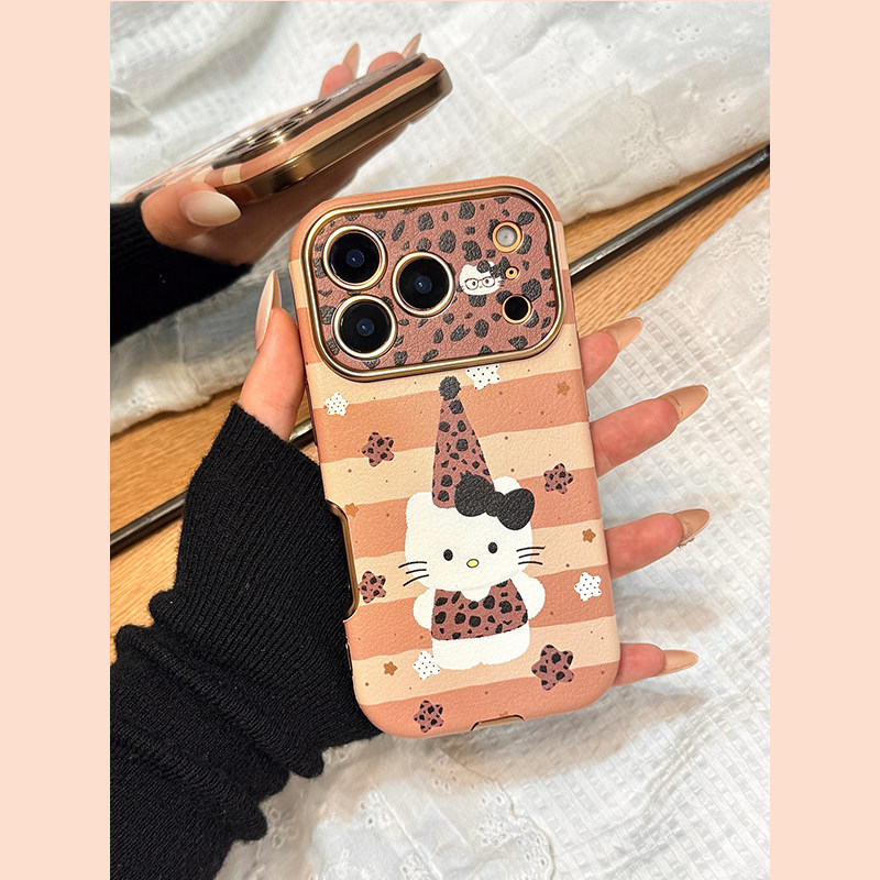 钰锴 撞色条纹豹纹星星kitty猫大视窗适用苹果17ProMax手机壳iphone15新款16pro女款13皮纹15pro防摔保护套14