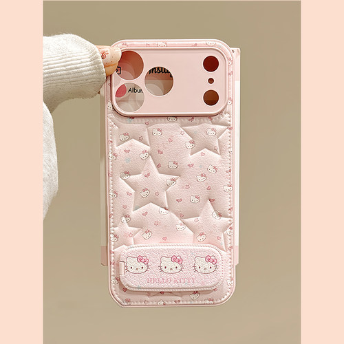 钰锴 少女温柔粉色哈喽kt适用苹果17ProMax手机壳iphone15新款16pro女款13镜子支架15pro皮质14防摔保护套11