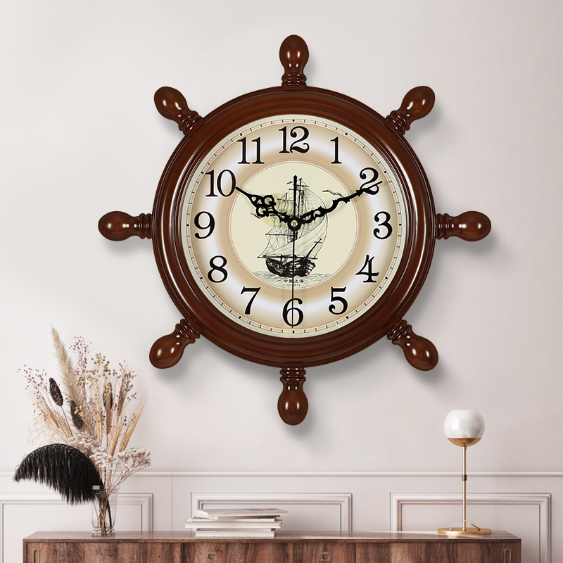中式舵手挂钟客厅家用时尚地中海船舵F装饰时钟表网红轻奢挂墙挂