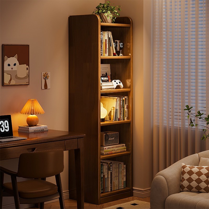 全实木书架落地置物架一体靠墙胡桃木色窄缝收纳储物Y柜子家用书