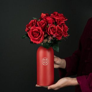 亲迎结婚花瓶摆件花一对假花玫瑰花婚房布置电视柜桌面装饰喜庆品