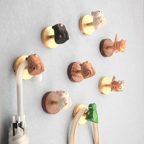 手工实木卡通可爱动物黄铜胡桃A木玄关挂钩免打孔收纳挂衣钩粘钩