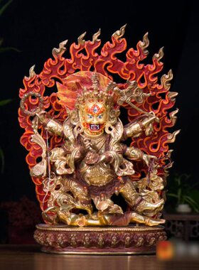 尼泊尔手工10寸铜半鎏金《六臂玛哈嘎拉》铜像《大黑天》摆件