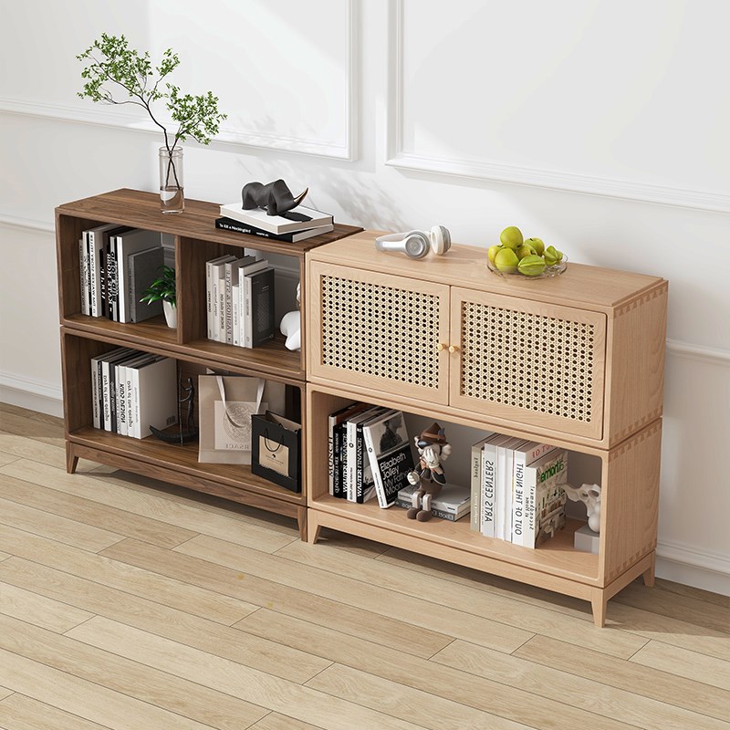 北欧实木格子柜自由组合藤编w收纳柜客厅落地书架飘窗矮柜小置物