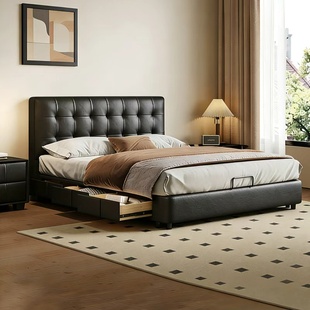 洛德华夫格软床气压高箱储物床真皮床主卧大气意式极简黑色