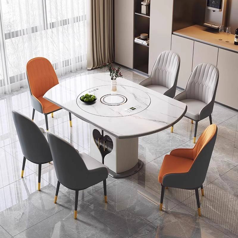 新款岩板餐桌椅家用智能语音暖菜板带转盘电磁炉高端伸缩折叠圆桌