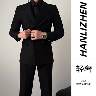 高端双排扣西服男士套装黑色高级商务正装结婚新郎礼服西装外套