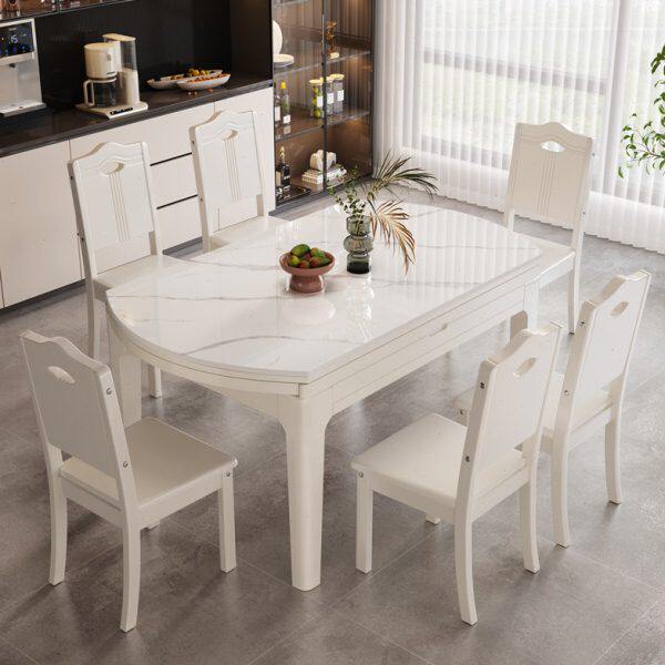 奶油风白色岩板餐桌椅可伸缩变圆形桌家用小户型现代简约实木饭桌