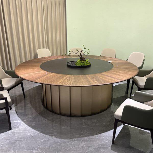 新中式酒店餐桌电动大圆桌20人15人转盘饭店餐厅岩板实木火锅桌