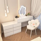 轻奢奶油风梳妆台卧室现代简约极简组装 伸缩收纳柜一体桌电视边柜