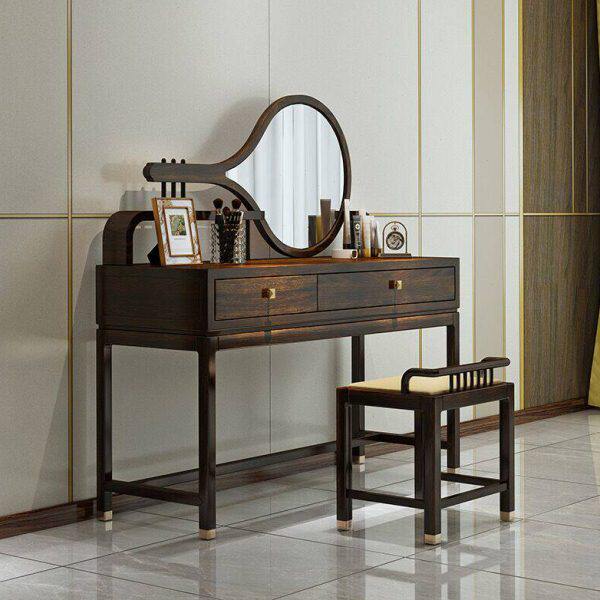 现代新中式乌金木全实木禅意琵琶造型梳妆台妆镜妆凳卧室家具定制
