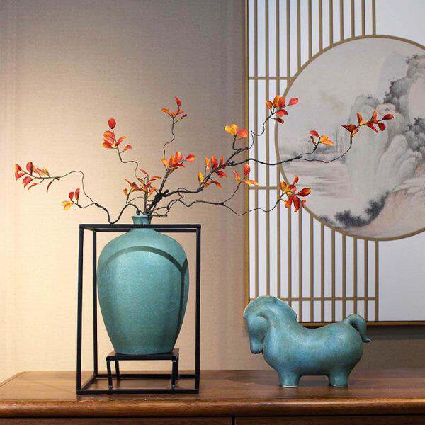 复古陶瓷插花花瓶客厅电视柜民宿玄关居家轻奢铁艺装饰新中式摆件