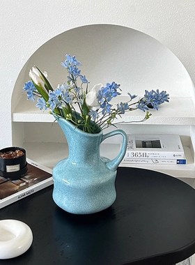 青蓝色提壶陶瓷花瓶水培养插花轻奢高级感小众风客厅餐桌摆件