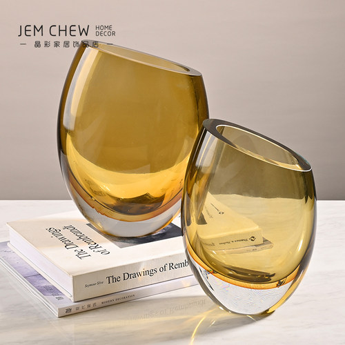 现代轻奢黄色加厚玻n璃花瓶精致高端家用展厅客厅摆场陈列插花摆