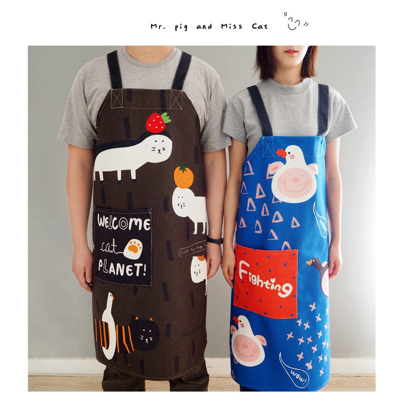 卡通小猪烹饪厨房做饭围裙防污工作服无袖棉麻烘焙可爱罩衣耐脏