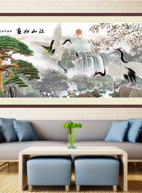 江山如此多娇壁画自粘油画布墙贴中式风景山水靠山图国客厅装饰画