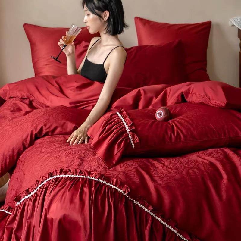 浪漫婚庆100S长绒棉全棉四件套高端玫瑰提花结婚红色被套床上用品