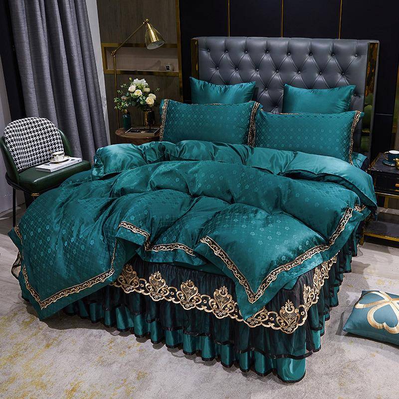 夏季水洗真丝贡缎提花床裙四件套简约欧式风蕾丝公主床罩外贸