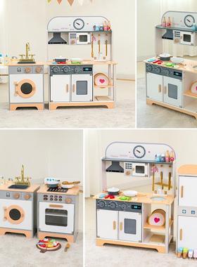 CE/CPC儿童木质仿真厨房过家家煮饭冰箱洗衣机烤箱男女孩玩具套装