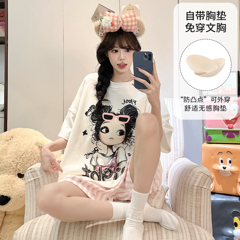 睡衣女款2026新款高级感夏季舒适宽松免穿文胸带胸垫卡家居服套装