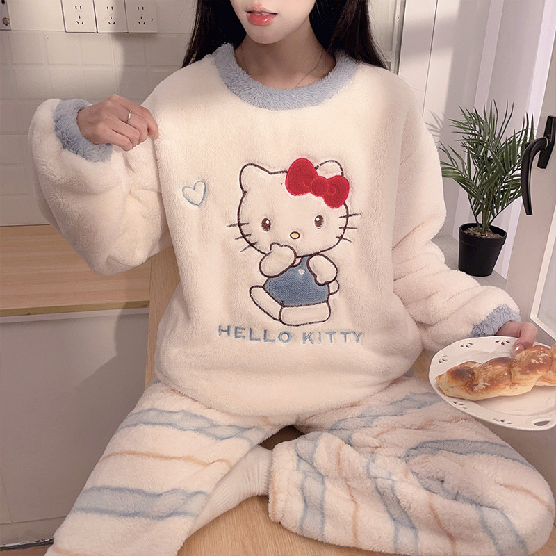 珊瑚绒睡衣女秋冬季凯蒂猫可外穿长袖套头休闲冬天保暖家居服套装