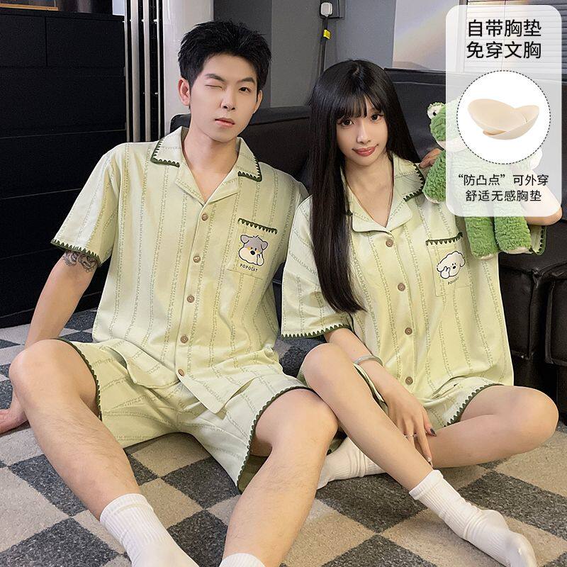 夏季2026新款棉质情侣睡衣女款带胸垫甜美卡通短袖短裤男士家居服