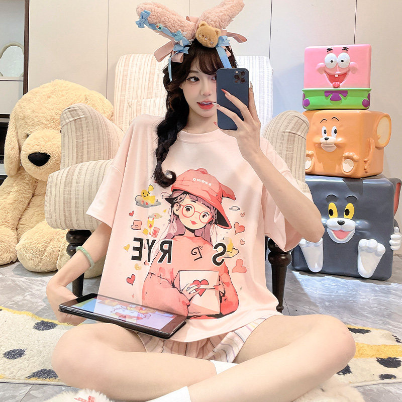 2026年新款夏季天女士可爱条纹睡衣短袖大码短裤套装家居服可外穿