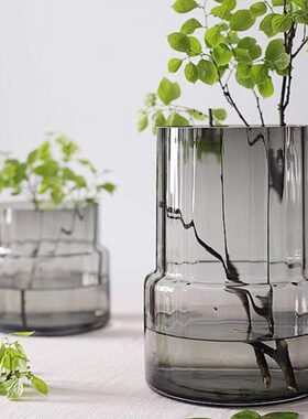 现代轻奢极简玻璃插花花瓶矮胖大口径直筒花瓶鲜花特大号绿色花器