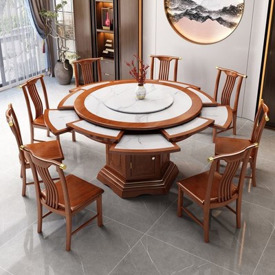 旋转伸缩餐桌可变大圆桌新中式y餐桌实木岩板圆形餐桌椅带转盘家