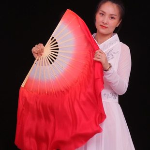 真丝舞蹈扇子跳舞扇渐变大红加长绸古典舞双面胶州扭秧歌广场舞扇