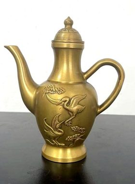 铜器仙鹤壶摆件黄铜做旧铜水壶铜酒壶居家装饰工艺品摆设不漏水