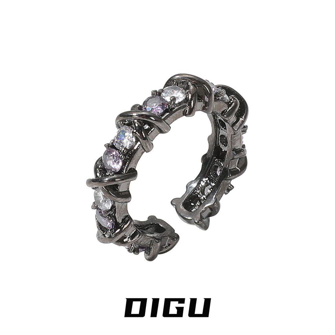 嘀咕家铜合金合成锆石戒指暗黑风镶钻戒指独特开口食指戒手饰