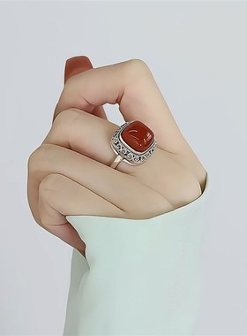 复古925银方糖南红戒指女国风新中式玛瑙唐草纹开口Z可调节指环