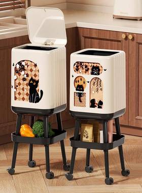 免弯腰高颜值高脚厨房垃圾桶卫生桶按压式家用大容量带轮可移动