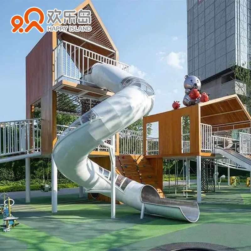 小区游乐设备儿童木屋攀爬组合不锈钢滑梯秋千摇乐规划设计厂家