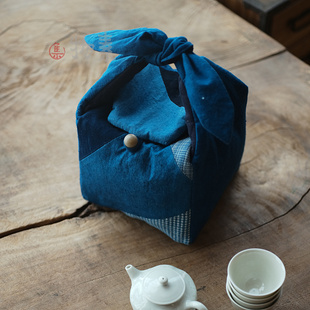 手织布植物蓝染拼接茶人行囊 一壶四杯旅行便携收纳茶具包