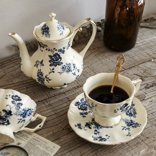咖啡杯碟套装英式下午茶壶轻奢陶瓷青花茶具中古花茶杯精致茶杯子