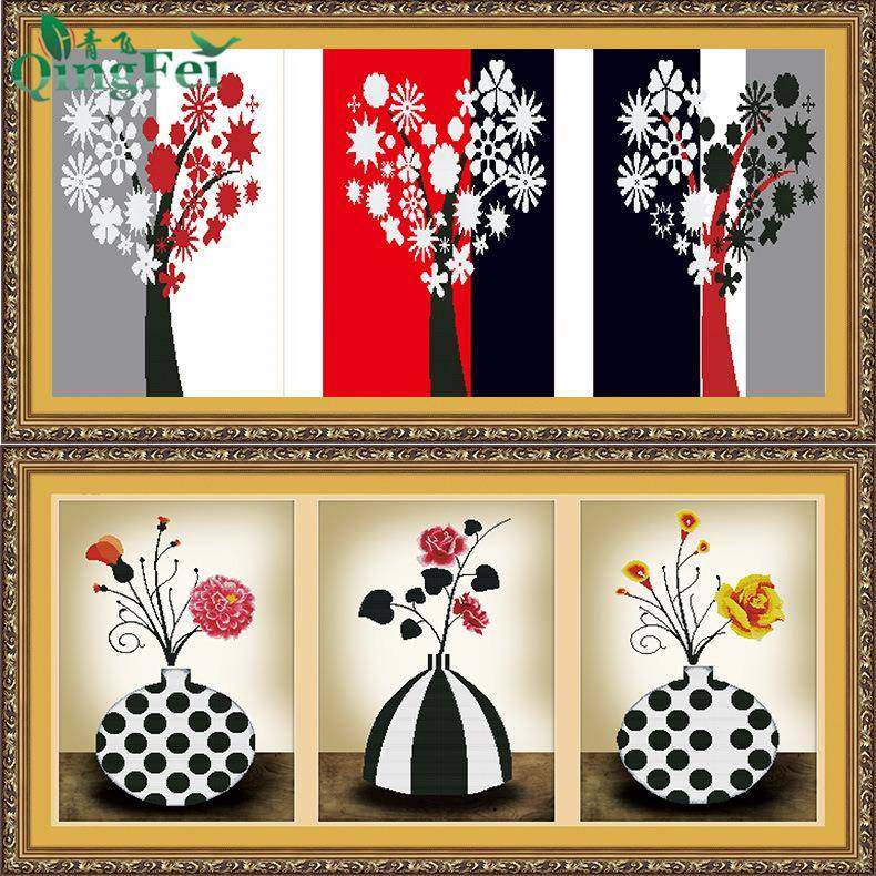 青飞缤纷绽放情定三生简约优雅三联画十字绣玫瑰花瓶现代简约客厅