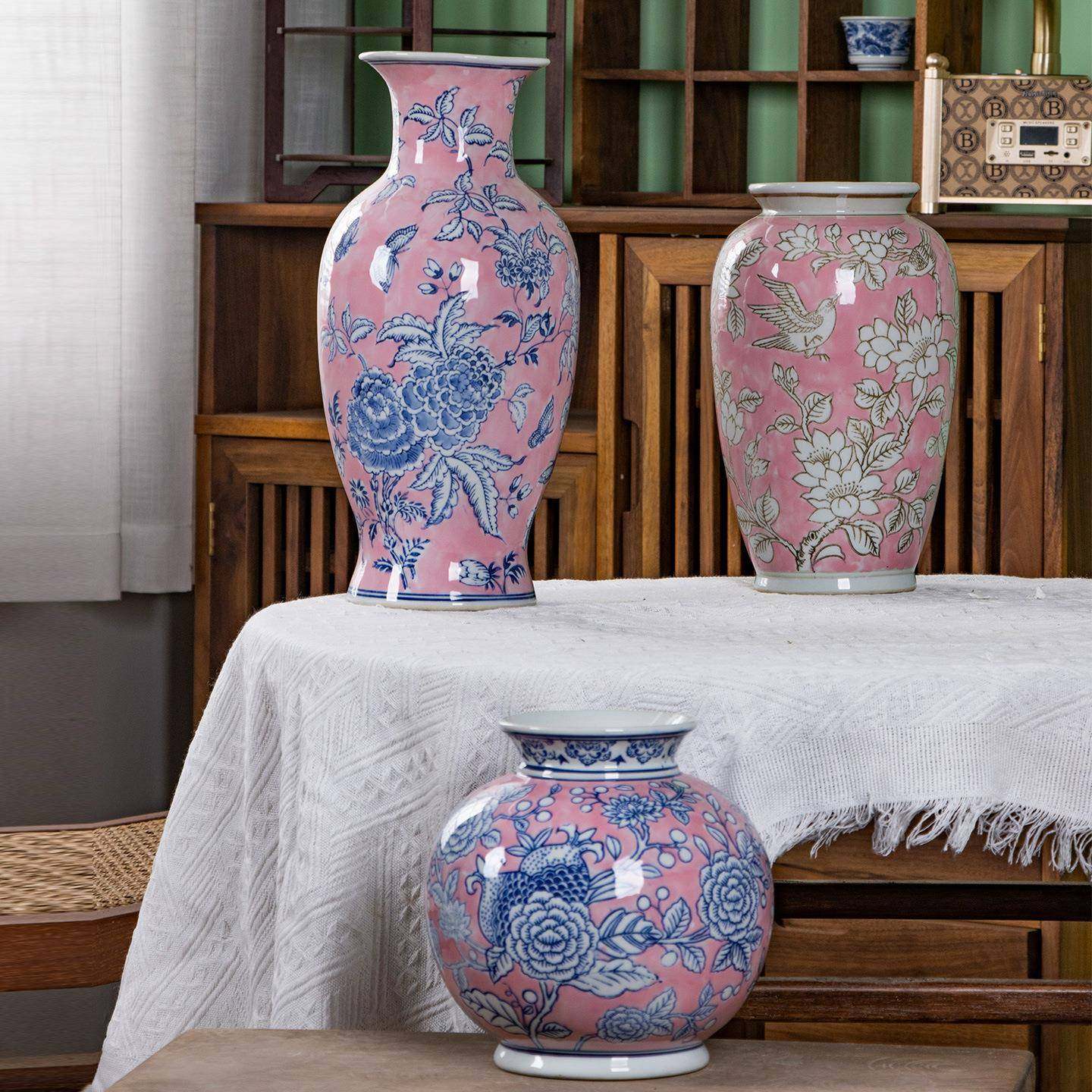 粉色手绘新中式花瓶玄关摆件淡花瓶花器摆件玄关客厅书房新摆件,鲜花速递/花卉仿真/绿植园艺,割草机/草坪机,淘宝优惠券,粉丝福利购,淘宝优惠卷