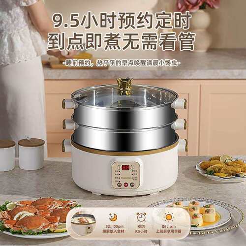 电锅蒸煮炖一体锅不锈钢电蒸笼小型电蒸锅多功能家用三层预约定时