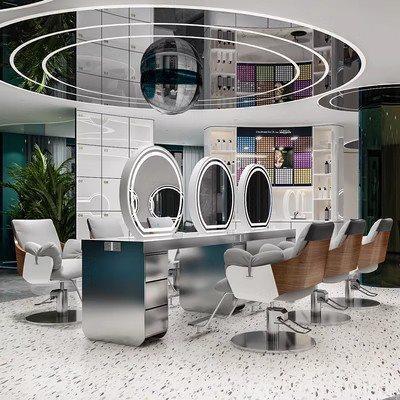 .网红美发店发光理石桌面理发店镜台发廊带灯柜子一体美发镜子